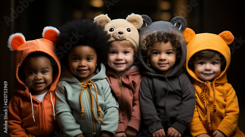 Obraz na płótnie A group of babies dressed or disguised in teddy bear overalls Babies of different ethnicity. Generative AI. w salonie