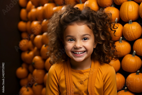 Obraz na płótnie Portrait of a little girl dressed in orange for Halloween, with pumpkins in the background. Generative AI. w salonie