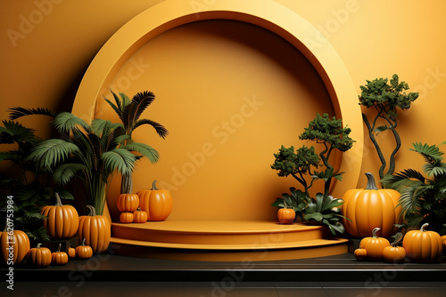 Obraz na płótnie Podium for Halloween with pumpkins and plants, in orange and green colors. Generative AI. w salonie