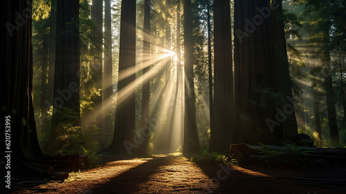 Sunrays Piercing Through a Canopy of Tall Redwoods. Generative Ai