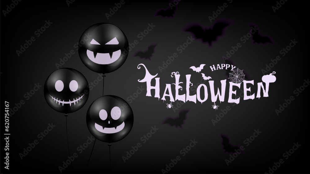 Fototapeta premium Halloween balloon with Halloween text banner design and shadow of bats flying on black background. Halloween background. Vector illustration.