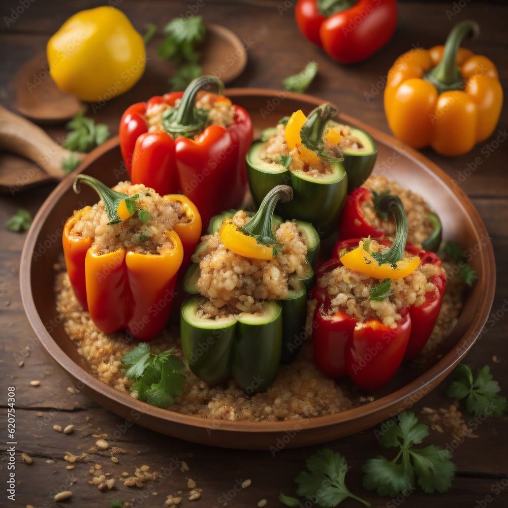 Savory quinoa stuffed bell peppers, showcasing vibrant bell peppers filled with a mixture of cooked quinoa, sautéed vegetables, herbs, and spices Savory quinoa stuffed bell peppers, showcasing vibrant bell peppers filled with a mixture of cooked quinoa, sautéed vegetables, herbs, and spices