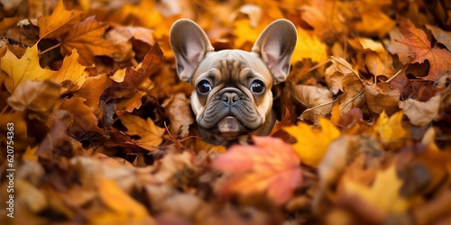 Happy French Bulldog Puppy Frolicking and Playing in a Colorful Pile of Autumn Leaves. © touchedbylight