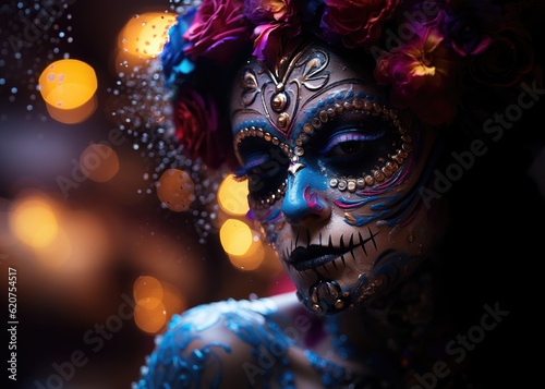 Dia de los muertos  Mexican holiday of the dead and halloween. Woman with sugar skull make up and flowers