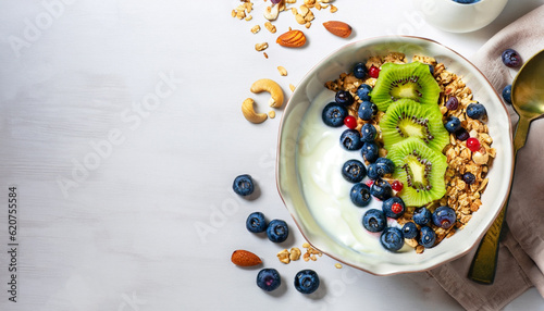 Yogurt bowl with homemade granola (muesli), nuts, fresh berries (blueberry) and kiwi fruit. Healthy eating. Tasty and easy cooking summer breakfast or snack. Top view, copy space, white background.