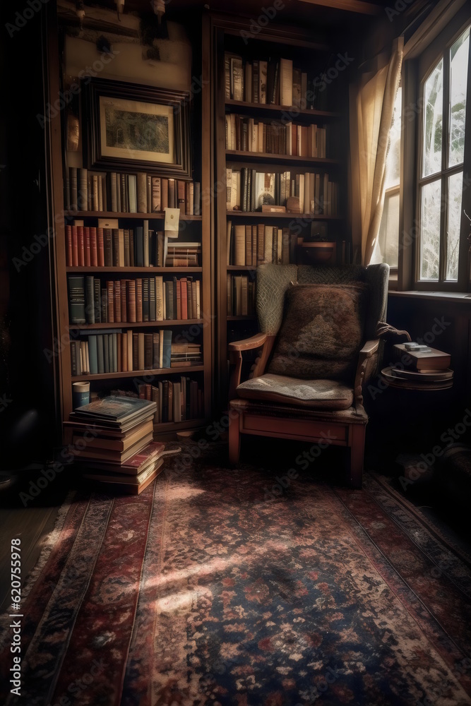a Warm and Tranquil Space with Antique Books, Leather Armchairs, and a Crackling Fireplace, Perfect for Peaceful Evenings of Reading and Contemplation. Generative AI