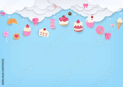 Sweet bakery and cloud on blue background