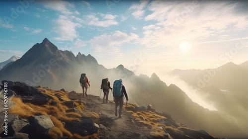Group of hikers walks in mountains at early morning 