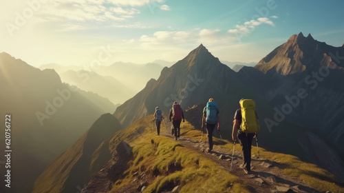 Group of hikers walks in mountains at early morning  © tashechka