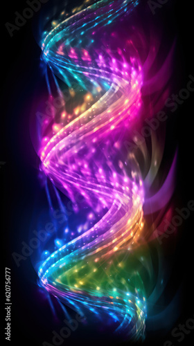 Abstract colorful neon spiral particles on dark background