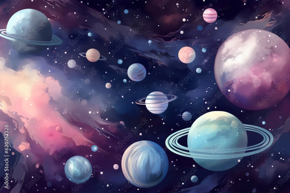 Magical Space Adventure, Poster of a Dreamy and Beautiful Space-Themed Background with Planets and Stars, Creating an Enchanting Atmosphere for Kids' Party. Generative AI Magical Space Adventure, Poster of a Dreamy and Beautiful Space-Themed Background with Planets and Stars, Creating an Enchanting Atmosphere for Kids' Party. Generative AI