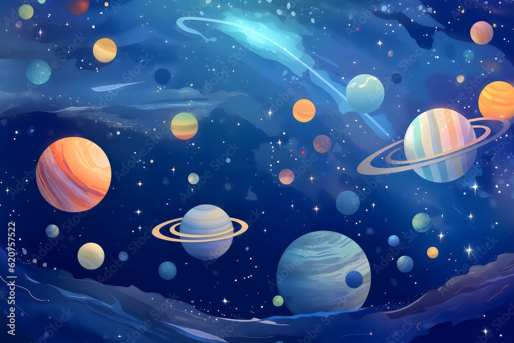 Magical Space Adventure, Poster of a Dreamy and Beautiful Space-Themed Background with Planets and Stars, Creating an Enchanting Atmosphere for Kids' Party. Generative AI
