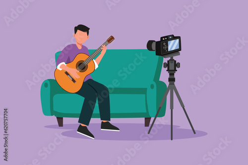 Cartoon flat style drawing man recording video clip and playing guitar by camera on tripod. Male vlogger influencer performing music for show to streaming digital. Graphic design vector illustration