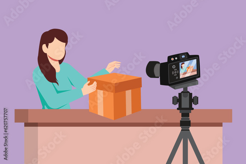 Cartoon flat style drawing of beautiful female show unboxing received package in live at home. Pretty woman vlogger unboxing product and recording review on camera. Graphic design vector illustration