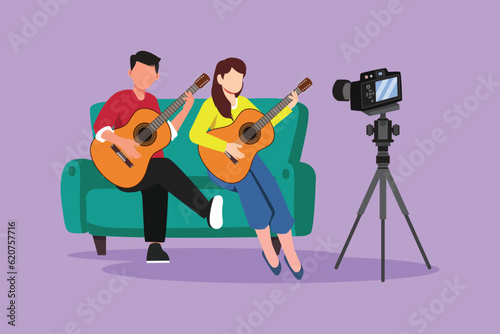 Cartoon flat style drawing couple vlog influencer performing music show to streaming internet online audience listening at home. Man woman playing guitar, sing song. Graphic design vector illustration