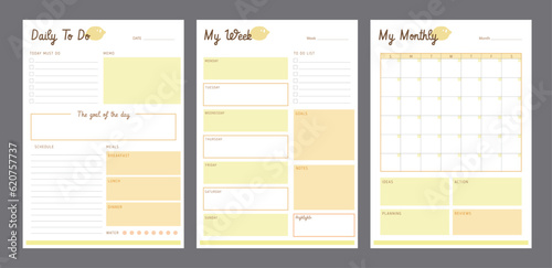 (Lemon) 3 set of Daily, Weekly, Monthly Planner template. Make your day more easily and happy. Vector Print template.