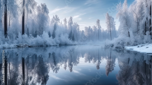 Winter forest reflected in water
