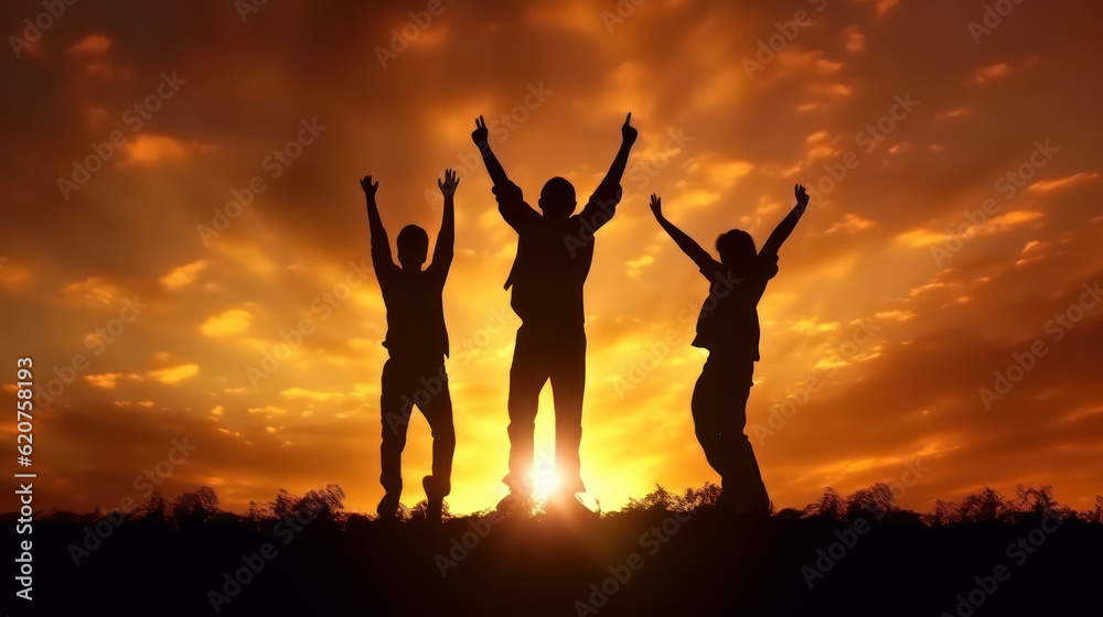 Silhouette young men, graduate on the background of dawn Silhouette young men, graduate on the background of dawn