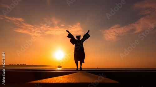 Silhouette young man, graduate on the background of dawn