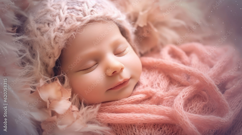 Sleeping newborn, smile baby, pastel violet background Sleeping newborn, smile baby, pastel violet background