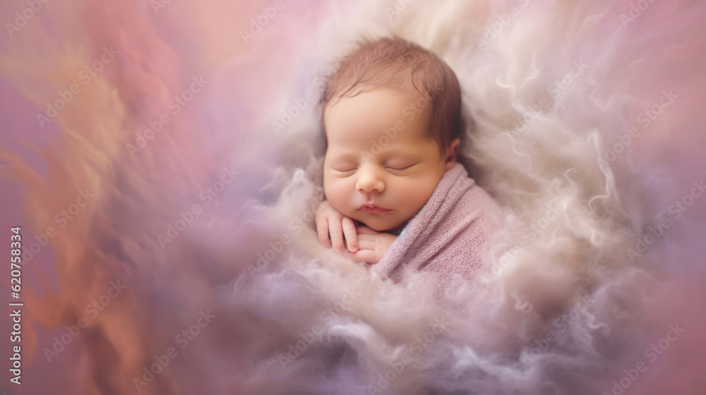 Sleeping newborn, smile baby, pastel violet background