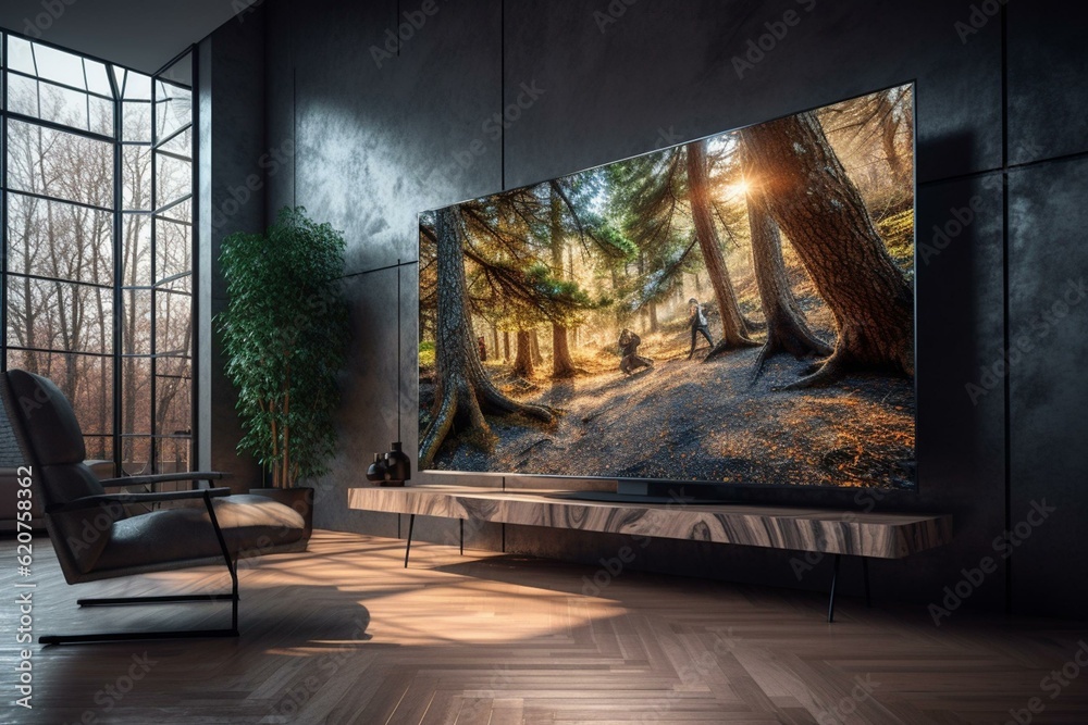 Large 8k OLED TV on display in a bright living room with ambient light