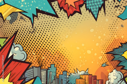 Dreamy Superhero-Themed Background with Ultra-Detailed Comic Book-Style Graphics, Set the Stage for a Beautiful and Exciting Kids' Party. Generative AI