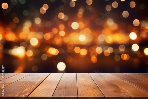 christmas night backdrop with golden lights on a wooden table, in the style of rounded