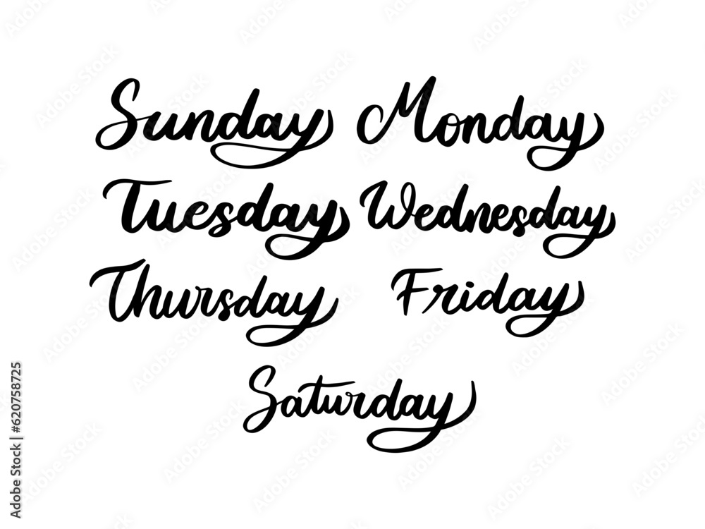 Day name handlettering set. Sunday, Monday, Tuesday, Wednesday, Thursday, Friday, Saturday Day name handlettering set. Sunday, Monday, Tuesday, Wednesday, Thursday, Friday, Saturday
