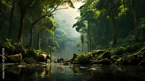 Jungle Expedition, Immersing in Untouched Wilderness and Exotic Wildlife. Generative Ai photo