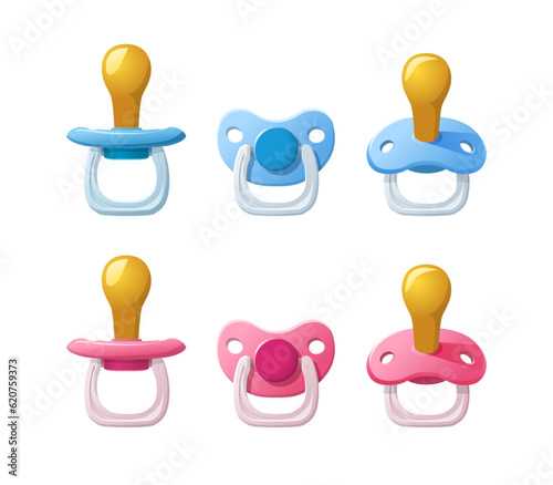 3d realistic vector icon illustration set. Cartoon style flat baby girl and boy pacifiers. In pink and blue color. Isolated.