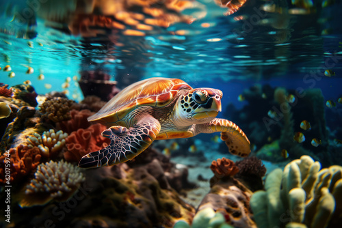 Graceful Seafarer: Sea Turtle Among the Coral Reefs. Generative AI