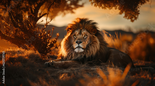 Serenity King  Lion Resting on a Sunny Day. Generative AI