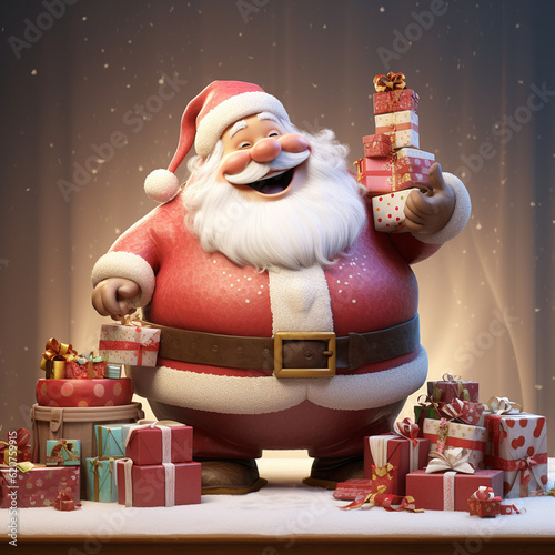 3d cartoon of santa claus and christmas gifts photo