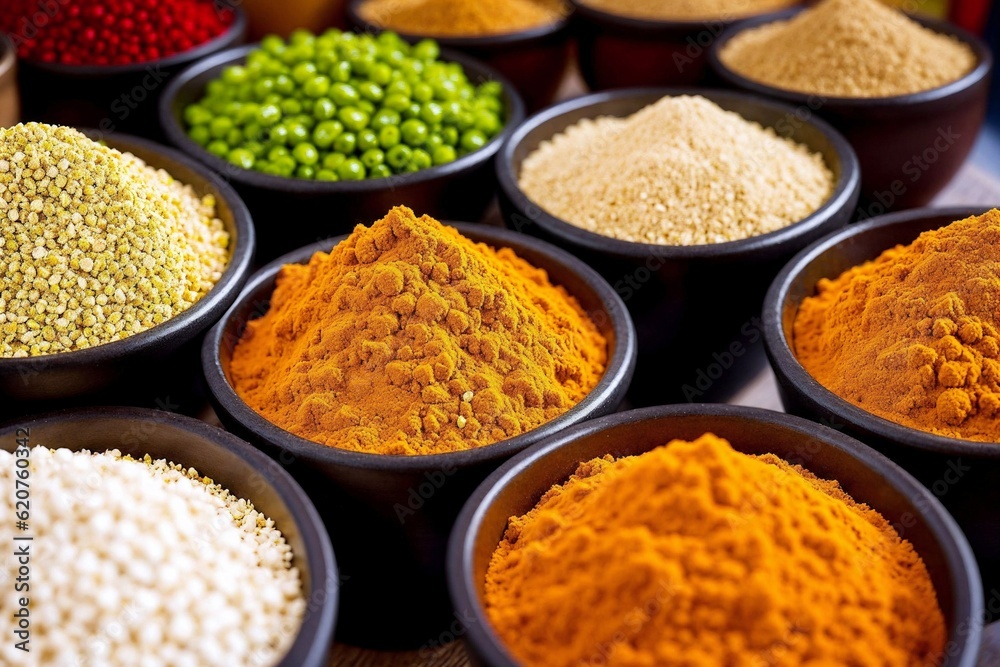 Indian spices in black bowls created with Generative AI. Indian spices in black bowls created with Generative AI.
