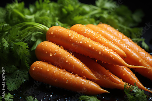 Vibrant Harmony: Carrots with Lively Orange and Green on a Dark Background. Generative AI