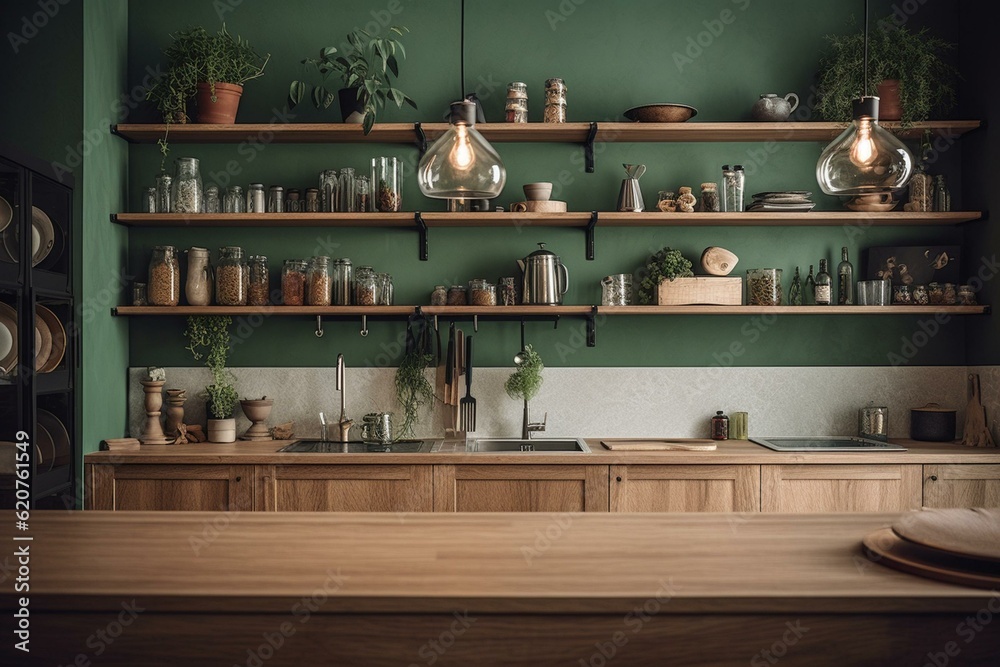 Kitchen with green wall & wooden shelf. Generative AI