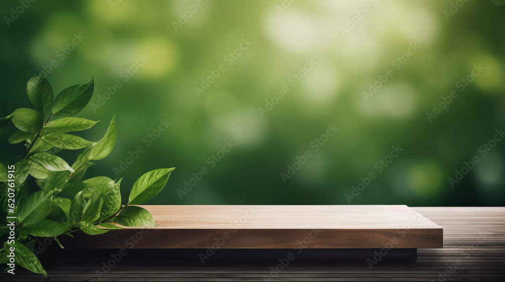 Wooden product display podium with green leave background, Minimalistic nature background, Template design for cosmetics, beauty nature product showcase, poster, banner, cover design, AI generated. Wooden product display podium with green leave background, Minimalistic nature background, Template design for cosmetics, beauty nature product showcase, poster, banner, cover design, AI generated.
