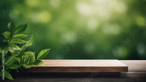 Wooden product display podium with green leave background  Minimalistic nature background  Template design for cosmetics  beauty nature product showcase  poster  banner  cover design  AI generated.