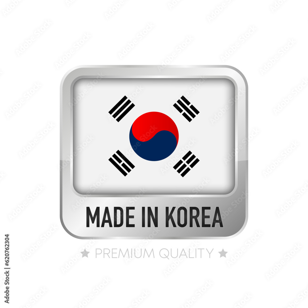 Made in Korea label. Flat isolated stamp made in Korea. 100 percent quality. Quality assurance concept. Vector illustration. Made in Korea label. Flat isolated stamp made in Korea. 100 percent quality. Quality assurance concept. Vector illustration.