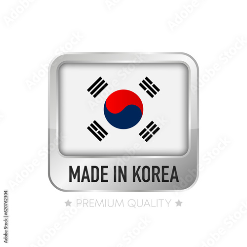 Made in Korea label. Flat isolated stamp made in Korea. 100 percent quality. Quality assurance concept. Vector illustration.