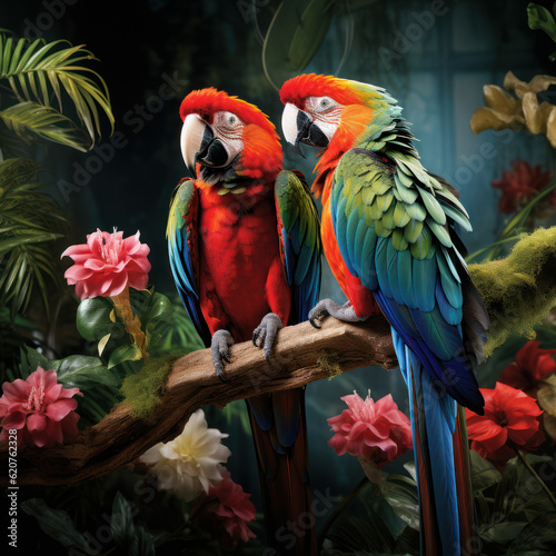 Vibrant Pair: Two Colorful Macaws Together. Generative AI
