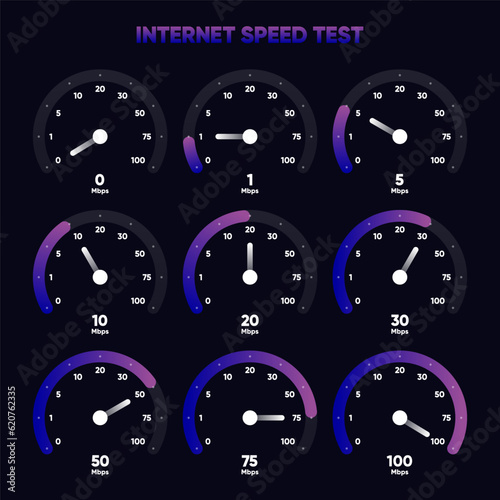 Internet download and upload speed test gauge. Internet speed test software and network performance information. Internet connection speed test. Modern design for software. Vector illustration.