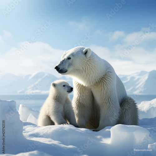 Arctic Harmony: Polar Bear and its Cubs in the Snow. Generative AI