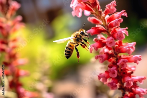 Bee on pink flower, close-up, selective focus, shallow DOF © Nurdin
