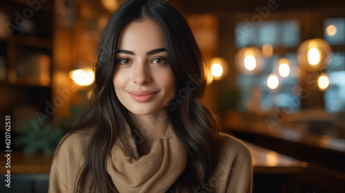 Woman with smooth black hair sitting in a cafe shop