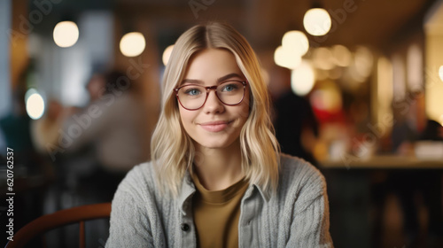 Woman with smooth blond hair sitting in a cafe shop