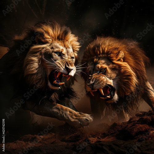 Battle of the Kings  Lions Engaged in a Fierce Fight. Generative AI