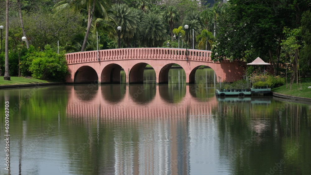 Obraz premium Pink bridge reflects in lake