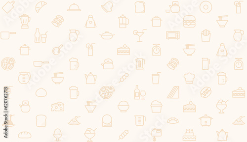 Foto キッチン用品と食べ物のアイコンが並んだかわいい壁紙、背景素材